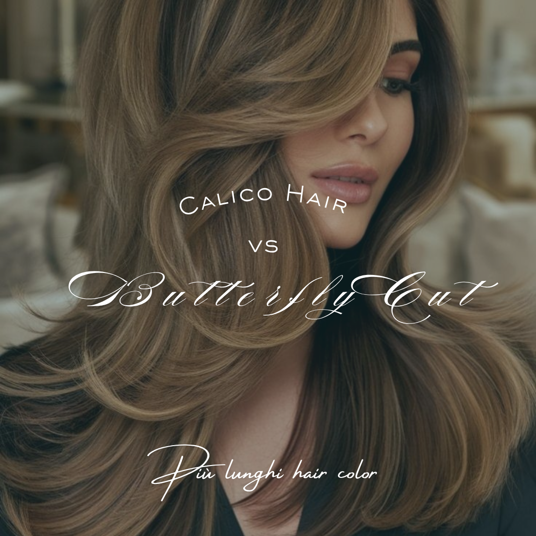 Donna con capelli lunghi scalati in stile butterfly cut, con scritta “Calico Hair vs Butterfly Cut” – articolo di tendenza sul confronto tra due stili capelli estate 2025.