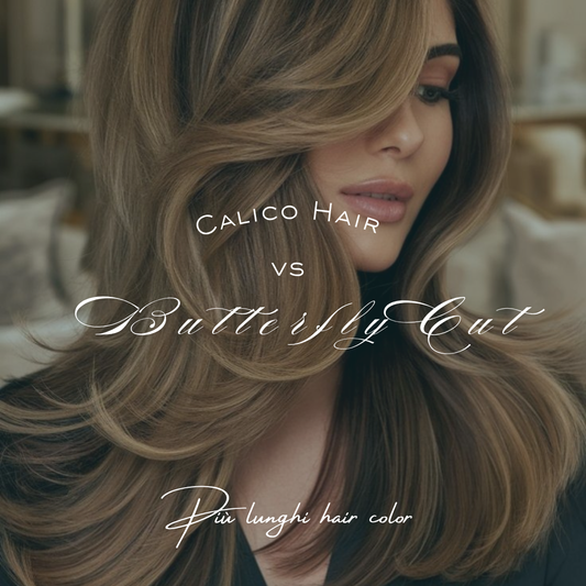 Donna con capelli lunghi scalati in stile butterfly cut, con scritta “Calico Hair vs Butterfly Cut” – articolo di tendenza sul confronto tra due stili capelli estate 2025.
